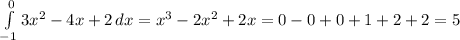 \int\limits^0_{-1} {3x^2-4x+2} \, dx =x^3-2x^2+2x=0-0+0+1+2+2=5