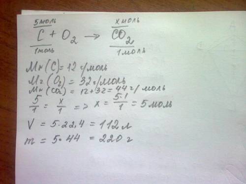Рассчитайте массу и объем углекислого газа который образовался при взаимодействии 5 моль кислорода с