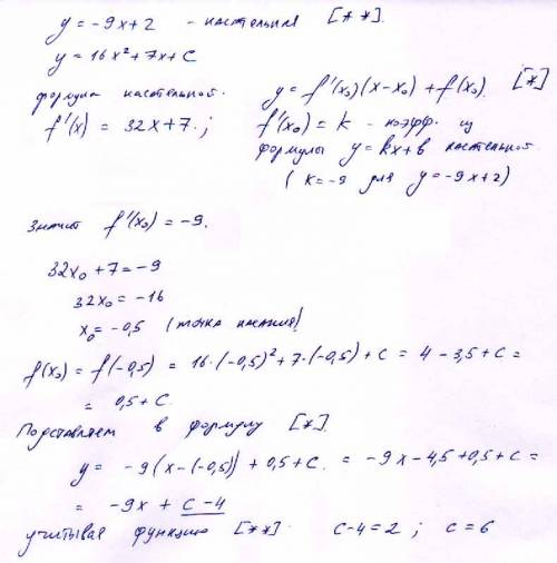 Прямая y=-9x+2 является касательной к графику функции y=16x^+7x+c. найдите с.