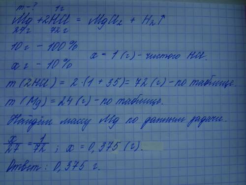 Сколько гр магния необходимо взять для реакции с 10 гр 10% раствора соляной кислоты?