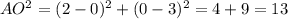 AO^2= (2-0)^2+(0-3)^2=4+9=13