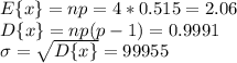 E\{x\}=np=4*0.515=2.06 \\&#10;D\{x\}=np(p-1)=0.9991 \\&#10;\sigma=\sqrt{D\{x\}}=99955