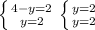 \left \{ {{4-y=2} \atop {y=2}} \right. \left \{ {{y=2} \atop {y=2}} \right.