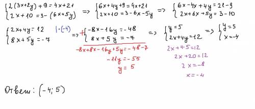 Решите систему уравнений : 2(3x+2y)+9=4x+21 2x+10=3-(6x+5y)