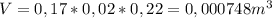 V=0,17*0,02*0,22=0,000748 m^{3}