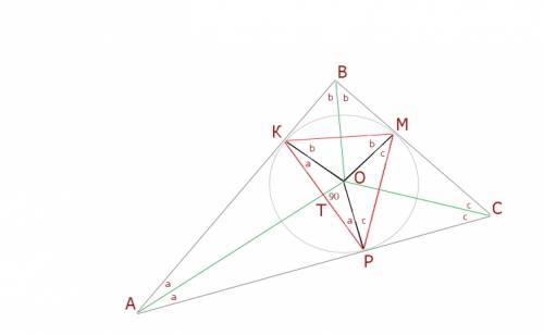 Окружность, вписанная в треугольник abc, касается его сторон в точках m, k и p. найдите углы треугол