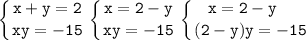 \displaystyle\tt\left \{ {{x+y=2} \atop {xy=-15}} \right. \left \{ {{x=2-y} \atop {xy=-15}} \right. \left \{ {{x=2-y~~~} \atop {(2-y)y=-15}} \right.