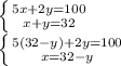 \left \{ {{5x+2y=100} \atop {x+y=32}} \right. \\ \left \{ {{5(32-y)+2y=100} \atop {x=32-y}} \right.