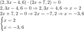 (2,3x - 4,6)\cdot(2x+7,2)=0\\2,3x-4,6=0\Rightarrow2,3x=4,6\Rightarrow x=2\\2x+7,2=0\Rightarrow2x=-7,2\Rightarrow x=-3,6\\\begin{cases}x=2\\x=-3,6\end{cases}