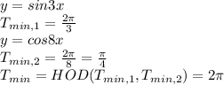 y=sin3x&#10;\\\&#10;T_{min,1}= \frac{2 \pi }{3} &#10;\\\&#10;y=cos8x&#10;\\\&#10;T_{min,2}= \frac{2 \pi }{8} = \frac{ \pi }{4} &#10;\\\&#10;T_{min}=HOD(T_{min,1}, T_{min,2})=2 \pi