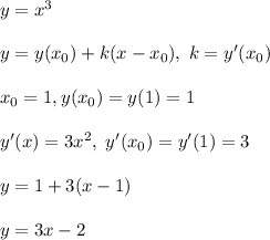 y=x^3\\\\y=y(x_0)+k(x-x_0),\; k=y'(x_0)\\\\x_0=1,y(x_0)=y(1)=1\\\\y'(x)=3x^2,\; y'(x_0)=y'(1)=3\\\\y=1+3(x-1)\\\\y=3x-2