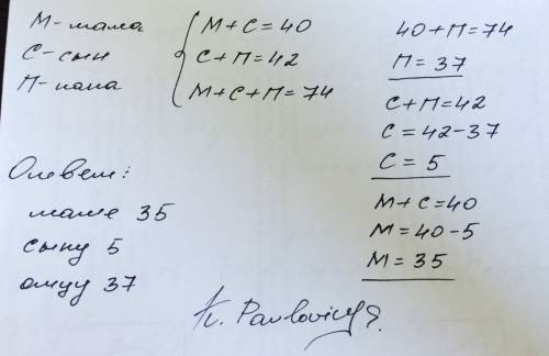 Маме и сыну вместе 40 лет, сыну и папе вместе 42 года, а вообщем им 74 года. сколько лет каждому из