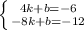 \left \{ {{4k+b=-6} \atop {-8k+b=-12}} \right. \\