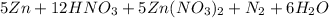 5Zn + 12HNO_3+5Zn(NO_3)_2+N_2+6H_2O