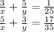 \frac{3}{x}+\frac{5}{y}=\frac{1}{25}\\ &#10;\frac{5}{x}+\frac{3}{y}=\frac{17}{35}\\ &#10;