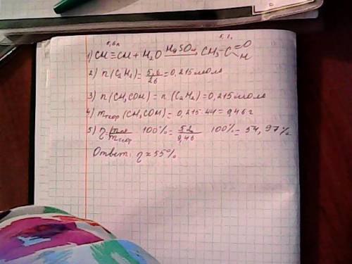 При взаємодії 5,6 л ацетилену з водою утворилося 5,2 г оцтового альдегіду. яка масова частка виходу