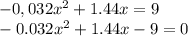 -0,032x^2+1.44x=9 \\ -0.032x^2+1.44x-9=0