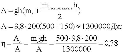 №1. из шахты глубиной 200м поднимают груз массой 500кг на канате, каждый метр которого имеет массу 1