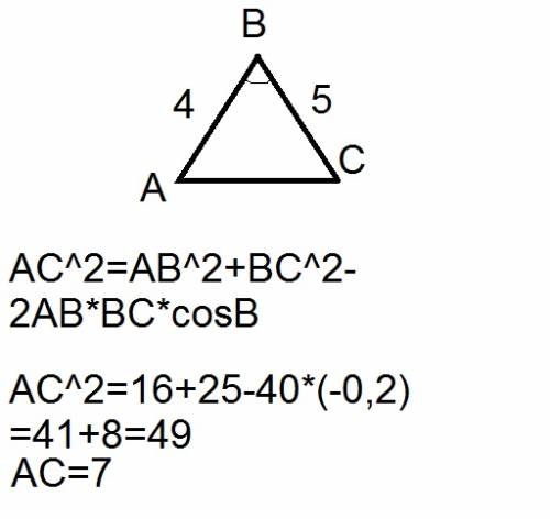 Втреугольнике авс ав=4, вс=5, cos b=(-0,2). найдите ас.