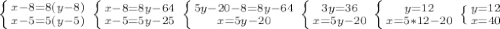 \left \{ {{x-8=8(y-8)} \atop {x-5=5(y-5)}} \right. \left \{ {{x-8=8y-64} \atop {x-5=5y-25}} \right. \left \{ {{5y-20-8=8y-64} \atop {x=5y-20}} \right. \left \{ {{3y=36} \atop {x=5y-20}} \right. \left \{ {{y=12} \atop {x=5*12-20}} \right. \left \{ {{y=12} \atop {x=40}} \right.