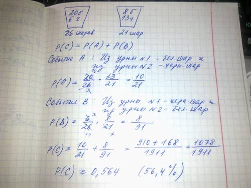 Имеется две урны в первой 20 белых и 6 черных шаров; во второй 8 белых и 13 черных шаров. из каждой