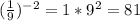 ( \frac{1}{9}) ^{-2}= 1* 9^{2}=81