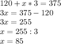 120+x*3=375 \\ 3x=375-120&#10; \\ 3x=255 \\ x=255:3 \\x=85&#10;