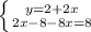 \left \{ {{y=2+2x} \atop {2x-8-8x=8}} \right.