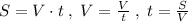 S=V\cdot t\; ,\; V=\frac{V}{t}\; ,\; t=\frac{S}{V}