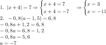 1.\;\;|x+4|=7\Rightarrow\begin{cases}x+4=7\\x+4=-7\end{cases}\Rightarrow\begin{cases}x=3\\x=-11\end{cases}\\&#10;2.\;\;-0,8(a-1,5)=6,8\\-0,8a+1,2=6,8\\-0,8a=6,8-1,2\\-0,8a=5,6\\a=-7