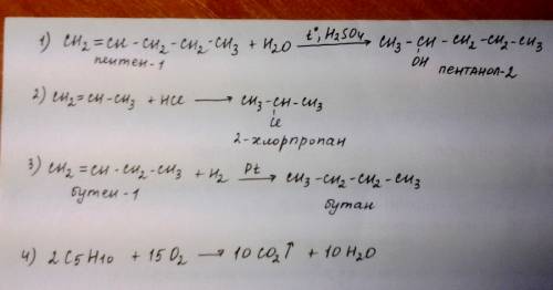 1)пентен -1 + hoh-> 2)ch = ch-ch3+h-cl 3)ch2 = ch - ch2 - ch3 + h-h-> 4)c5h10+o2->