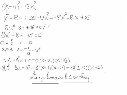 Решите это с подробным решением разложите многочлен на множители (х-4)² -9х²