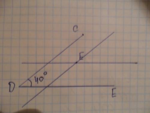 Постройте угол сде,равный 40 градусам. отметьте точку е внутри этого угла и проведите через нее прям