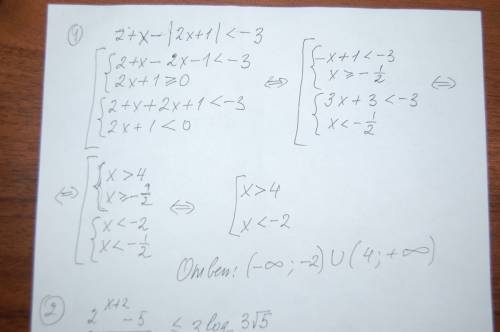 Решите уравнения: 1) 2+x-|2x+1|< -3 2) (2^(x+2) -5)/(2^x +1)< =3log5 3 корня из 5