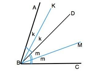 Луч bd делит угол abc на два угла. найдите угол между биссектрисами образовавшихся углов, если угол