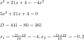 x^2+21x+4=-4x^2\\\\5x^2+21x+4=0\\\\D=441-80=361\\\\x_1=\frac{-21-19}{10}=-4,x_2=\frac{-21+19}{10}=-0,2