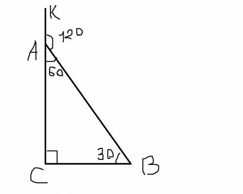 Решите : в прямоугольном треугольнике abc угол c-прямой,внешний угол bak=120 градусов,ab+ac=36. найд