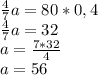 \frac{4}{7}a = 80*0,4 \\&#10;\frac{4}{7}a = 32 \\&#10;a = \frac{7*32}{4} \\&#10;a = 56