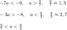 -7a<-9,\quad a\frac{9}{7},\quad \frac{9}{7}\approx 1,3\\\\-3a-8,\quad a<\frac{8}{3},\quad \frac{8}{3}\approx 2,7\\\\\frac{9}{7}<a<\frac{8}{3}