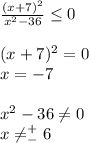 \frac{(x+7)^2}{x^2-36}\leq0\\\\(x+7)^2=0\\x=-7\\\\x^2-36\neq0\\x\neq^+_-6