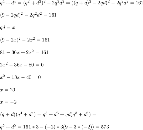 q^4+d^4=(q^2+d^2)^2-2q^2d^2=((q+d)^2-2qd)^2-2q^2d^2=161\\\\ &#10;(9-2qd)^2-2q^2d^2=161\\\\&#10;qd=x\\\\&#10;(9-2x)^2-2x^2=161\\\\ &#10;81-36x+2x^2=161\\\\&#10;2x^2-36x-80=0\\\\&#10;x^2-18x-40=0\\\\&#10;x=20\\\\&#10;x=-2\\\\&#10;(q+d)(q^4+d^4)=q^5+d^5+qd(q^3+d^3)=\\\\&#10;q^5+d^5=161*3-(-2)*3(9-3*(-2))=573 &#10;