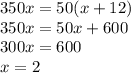 350x=50(x+12)\\350x=50x+600\\300x=600\\x=2