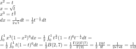 x^2 = t \\ x = \sqrt{t}\\x^3 = t^{\frac{3}{2} }\\dx = \frac{1}{2\sqrt{t}} dt = \frac{1}{2} t^{-\frac{1}{2} } dt\\ \\ \\\int_0^1x^3(1-x^2)^6dx = \frac{1}{2}\int_0^1t^{\frac{3}{2} }(1-t)^6t^{-\frac{1}{2} } dt = \\=\frac{1}{2}\int_0^1t(1-t)^6dt = \frac{1}{2} B(2,7) = \frac{1}{2} \frac{\Gamma(2)\Gamma(7)}{\Gamma(9)} = \frac{1}{2} \frac{1!6!}{8!} = \frac{1}{2*7*8} = \frac{1}{112}