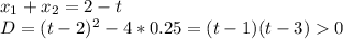 x_{1}+x_{2}=2-t\\&#10;D=(t-2)^2-4*0.25=(t-1)(t-3)0\\