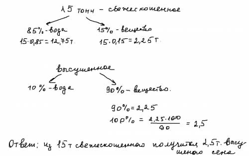 Влажность свежескошенного сена равна 85%. а высушенного 10%. сколько высушенного сена получится из 1