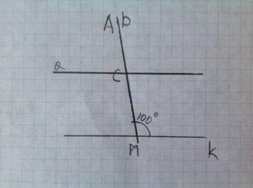 Постройте угол amk, равный 100 градусов. отметьте точку c на одной из сторон этого угла и проведите