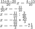 \frac{15+8-20}{20}x = \frac{4-15}{10}\\&#10;\frac{3}{20}x = -\frac{11}{10}\\&#10;x= -\frac{11}{10} : \frac{3}{20}\\&#10;x= -\frac{11}{10} * \frac{20}{3}\\&#10;x= -\frac{22}{3} = -7\frac{1}{3}