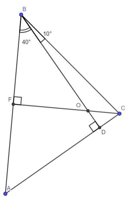 Втреугольнике abc высота bd делит угол в на два угла причем авd = 40° а свd = 10°. докажите, что тре