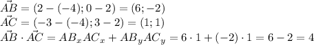 \vec{AB} = (2-(-4);0-2)=(6;-2) \\\vec{AC} = (-3-(-4);3-2) = (1;1) \\\vec{AB} \cdot \vec{AC} = {AB}_x {AC}_x + {AB}_y {AC}_y = 6\cdot1 + (-2)\cdot 1=6-2=4