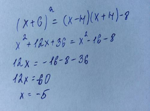 Решите уравнение (x+6)^2 = (x-4) (x+4)-8